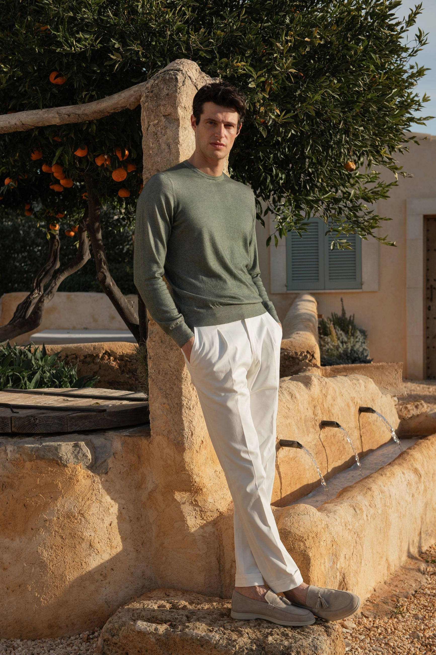 Green superlight cashmere round neck ?C Made in italy Zero Waste Production Breathable Openwork Knit