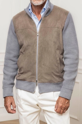 Daily Casual Style Grey and taupe cardigan - Alcantara & wool - Made in Italy