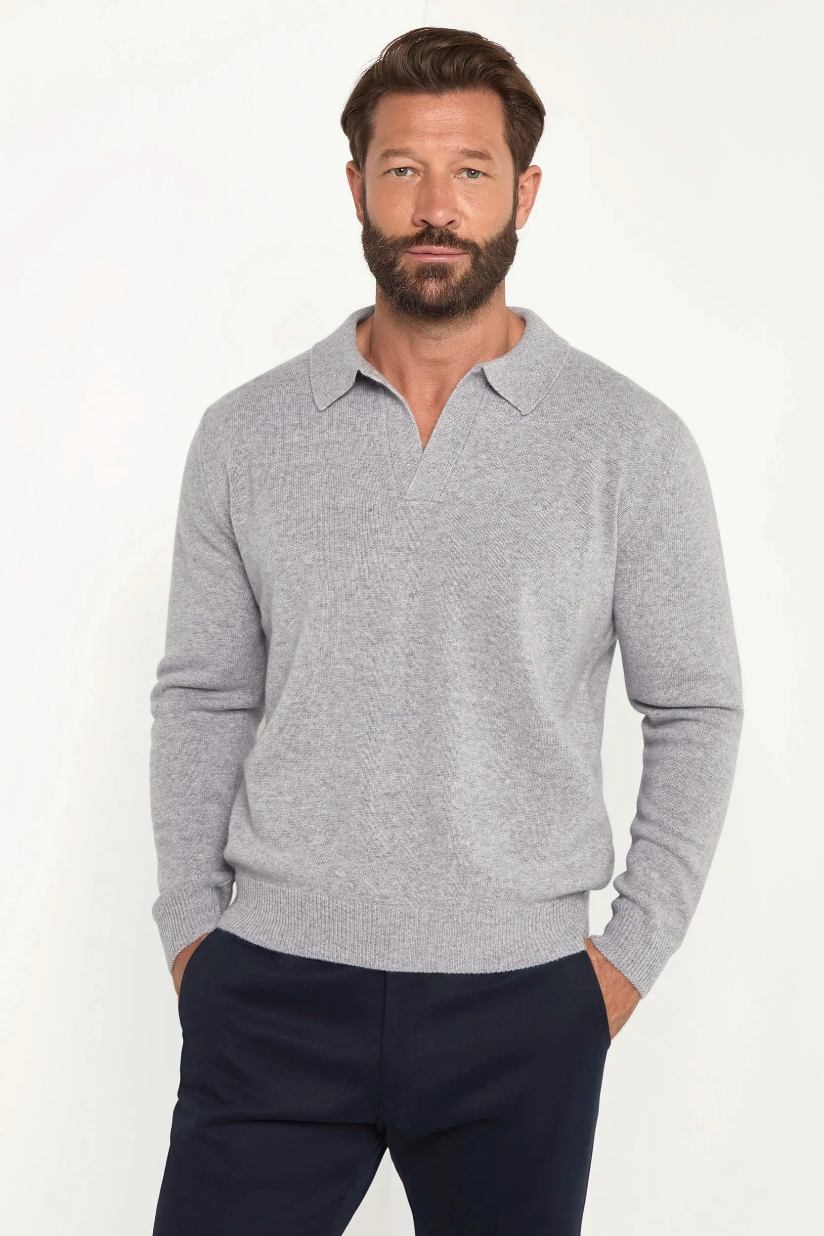 Grey wool polo - Made in Italy Flatlock stitching