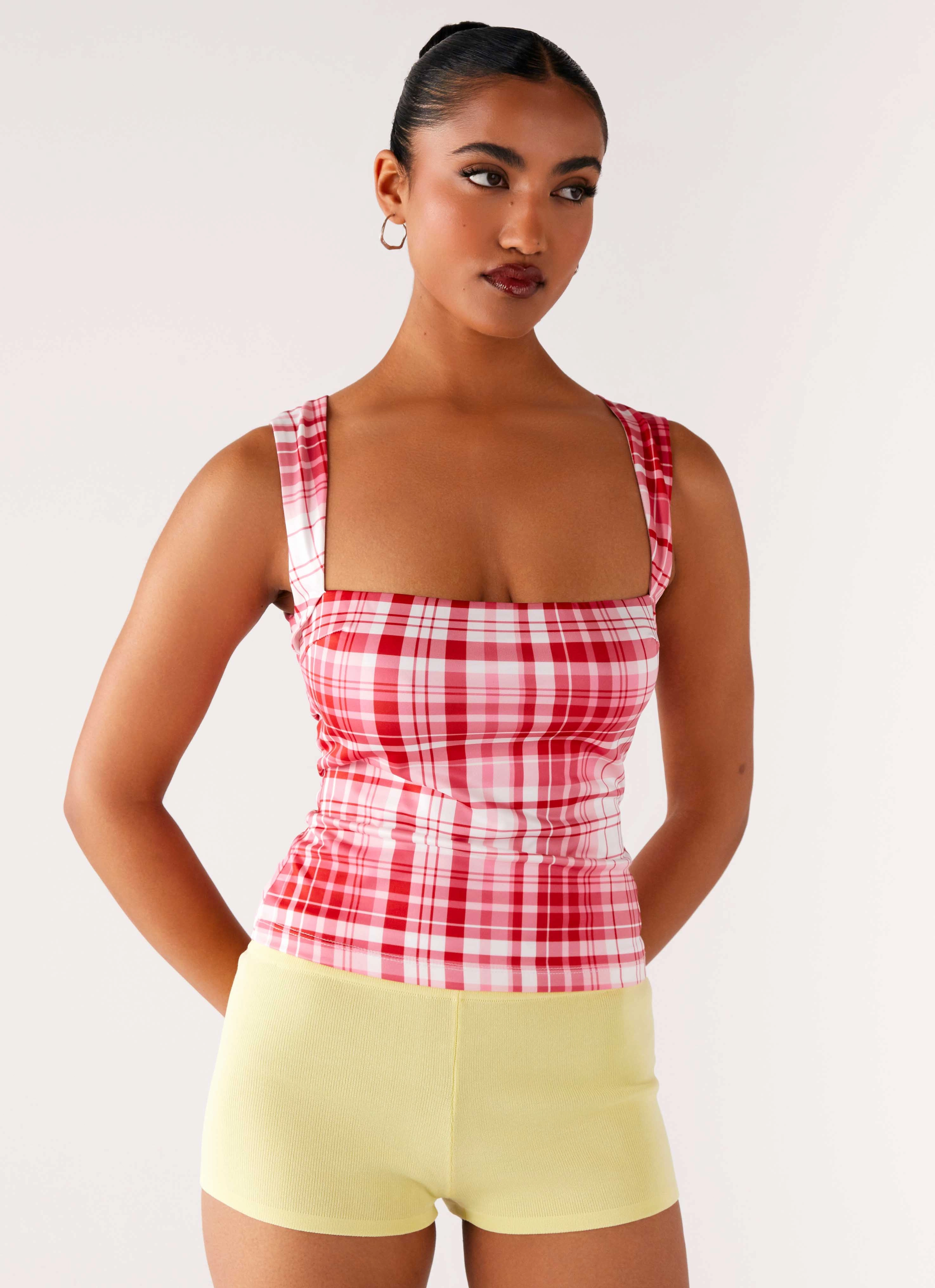 thinness Elastic Edging No Drama Strap Top - Pink Check