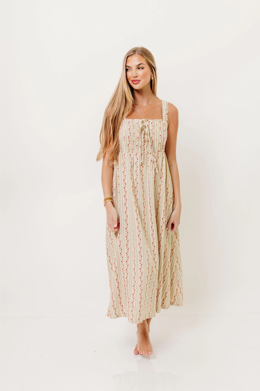 Clean Base Haley Mae Cotton Floral Embroidered Striped Midi Dress in Sage