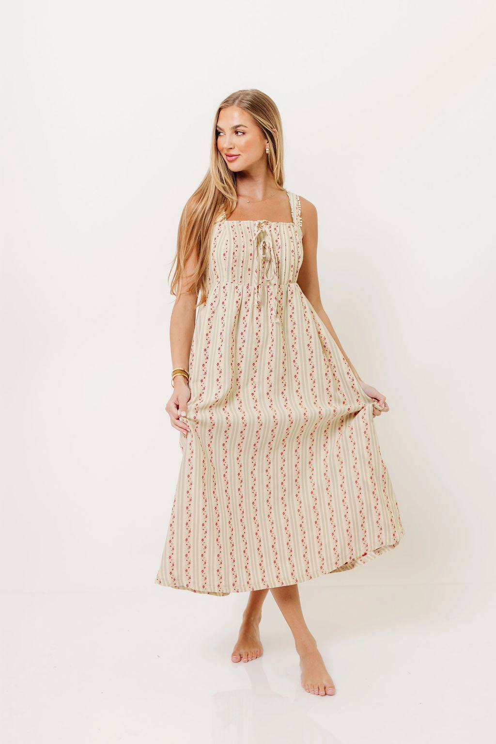 Haley Mae Cotton Floral Embroidered Striped Midi Dress in Sage retro-style