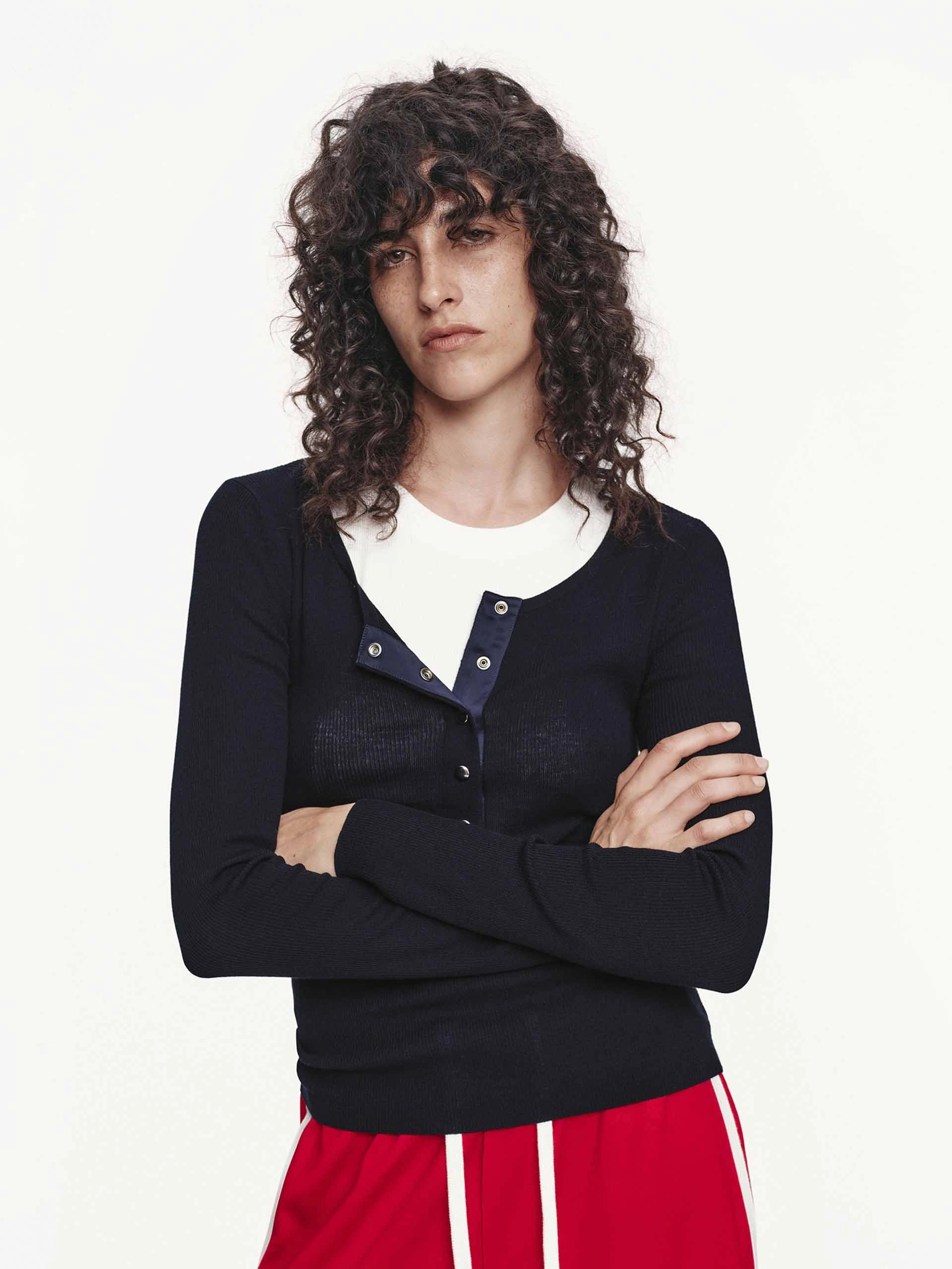 Light Reflective Trims Half Button Wool Sweater