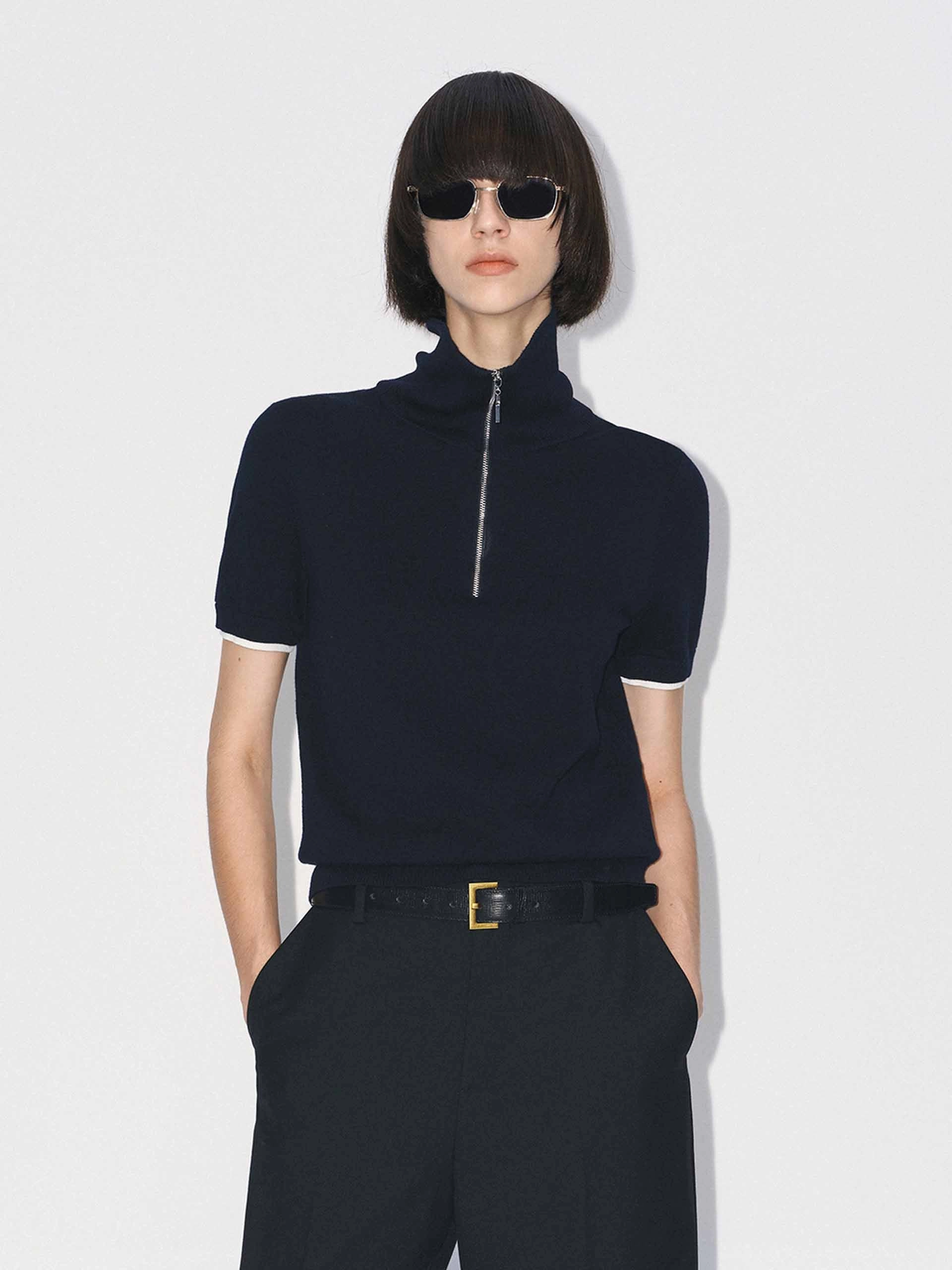 Half Zipper Wool Knitted Top HighElasticity Yarn Tubular Knit Method