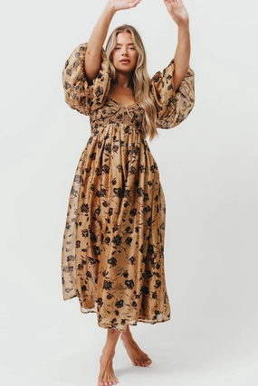 Harlow Camel & Black Floral Maxi Dress with Stretchy Neckline - Bump Friendly Casual Comfort Wear Vibrant Look