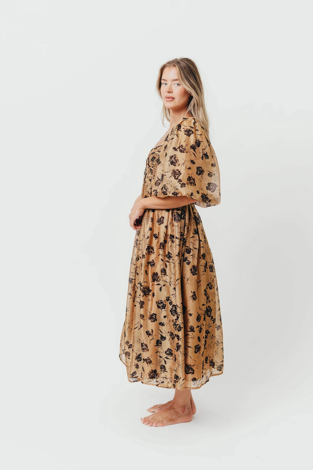 Harlow Camel & Black Floral Maxi Dress with Stretchy Neckline - Bump Friendly travel mode Elegant formal piece