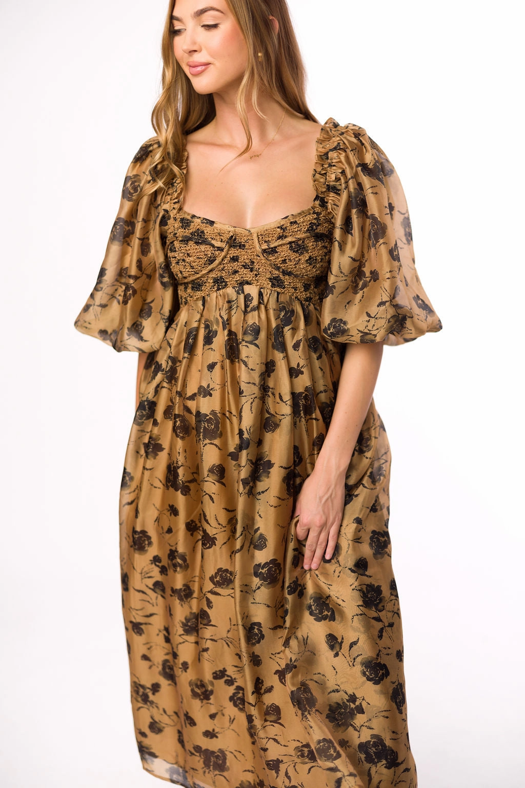 Chill Base Harlow Camel & Black Floral Maxi Dress with Stretchy Neckline - Bump Friendly