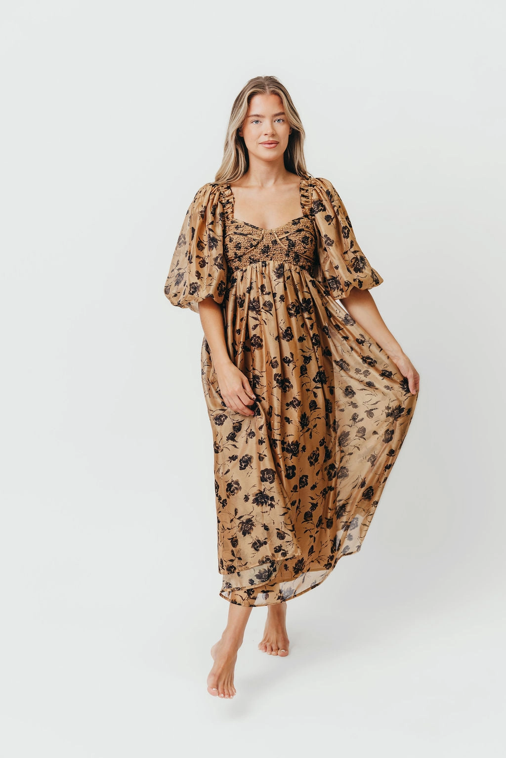 Smart Glide Harlow Camel & Black Floral Maxi Dress with Stretchy Neckline - Bump Friendly
