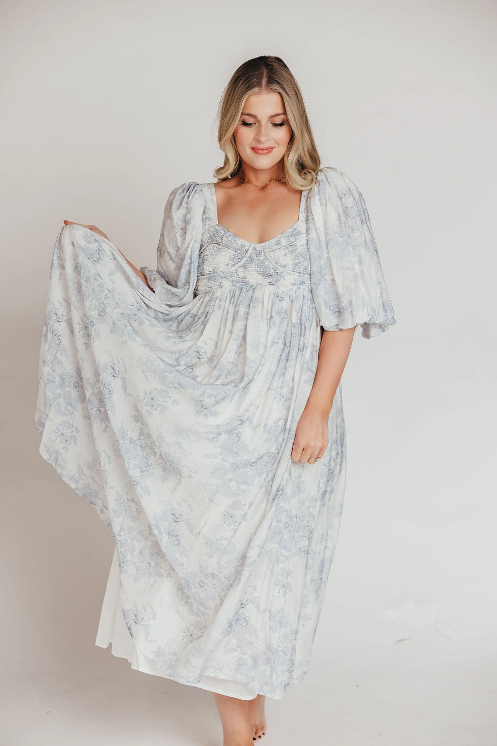 Harlow Maxi Dress in Light Blue Floral - Bump Friendly and Size Inclusive Trendy summer outfit Smooth Layering