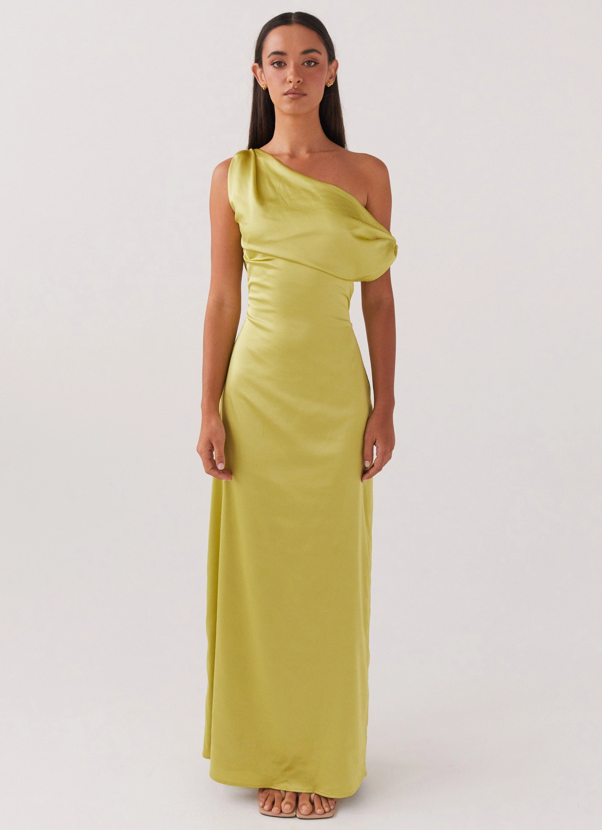 Silky Drape Air Layer Heart Of Glass Satin Maxi Dress - Chartreuse