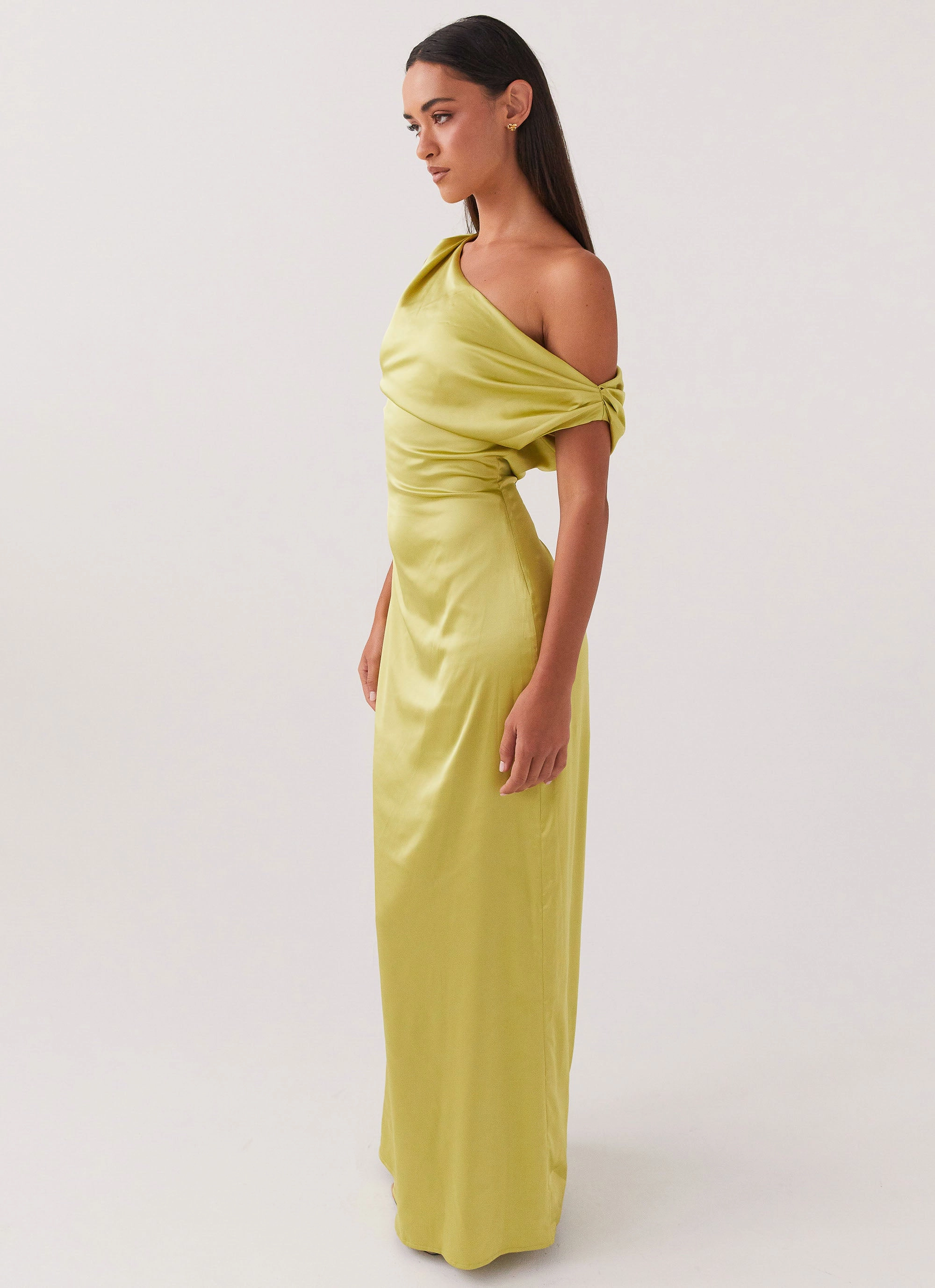 Heart Of Glass Satin Maxi Dress - Chartreuse Layered-Sleeve