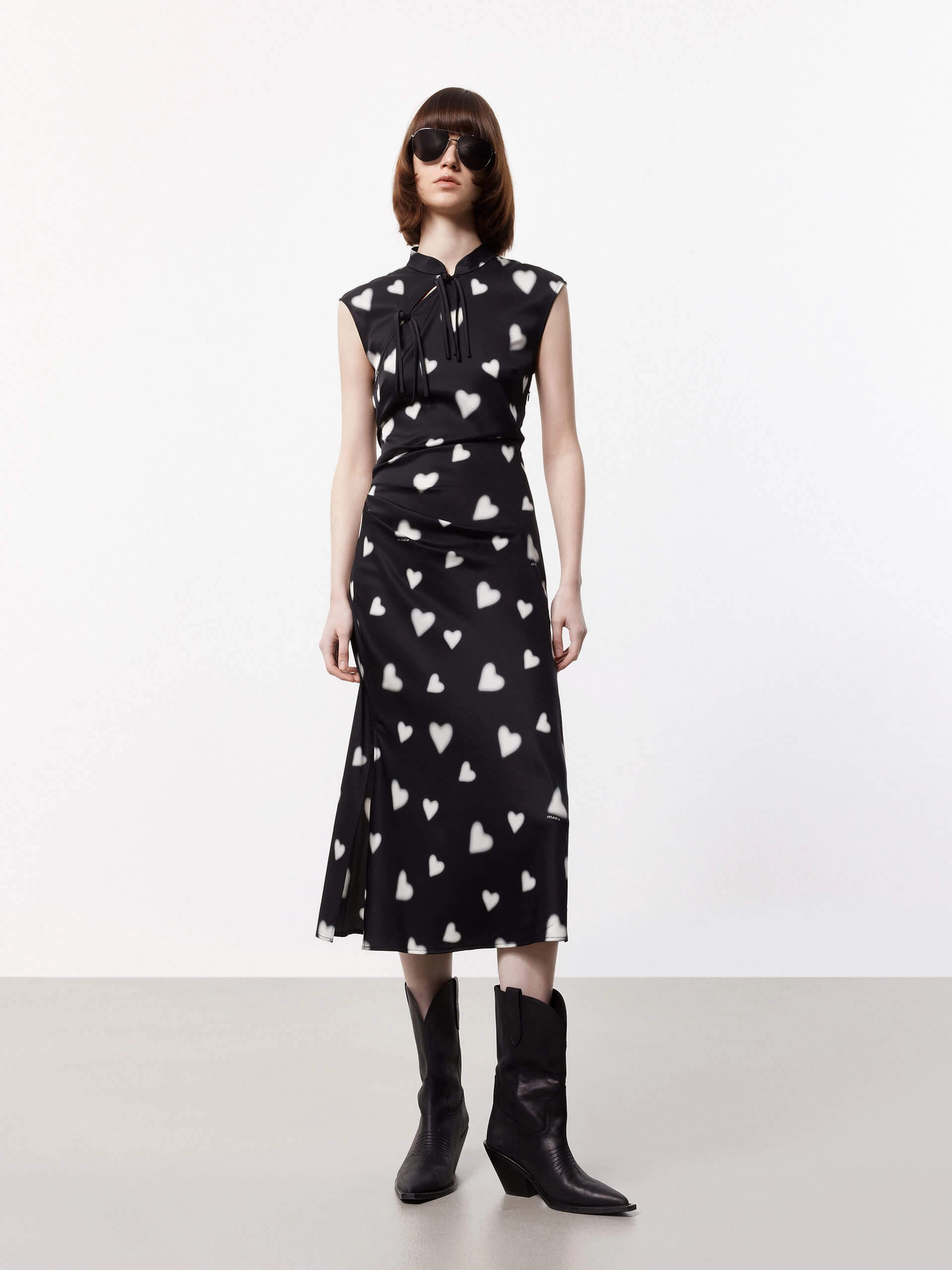 Heart Print Slit Dress Mesh-Sleeve