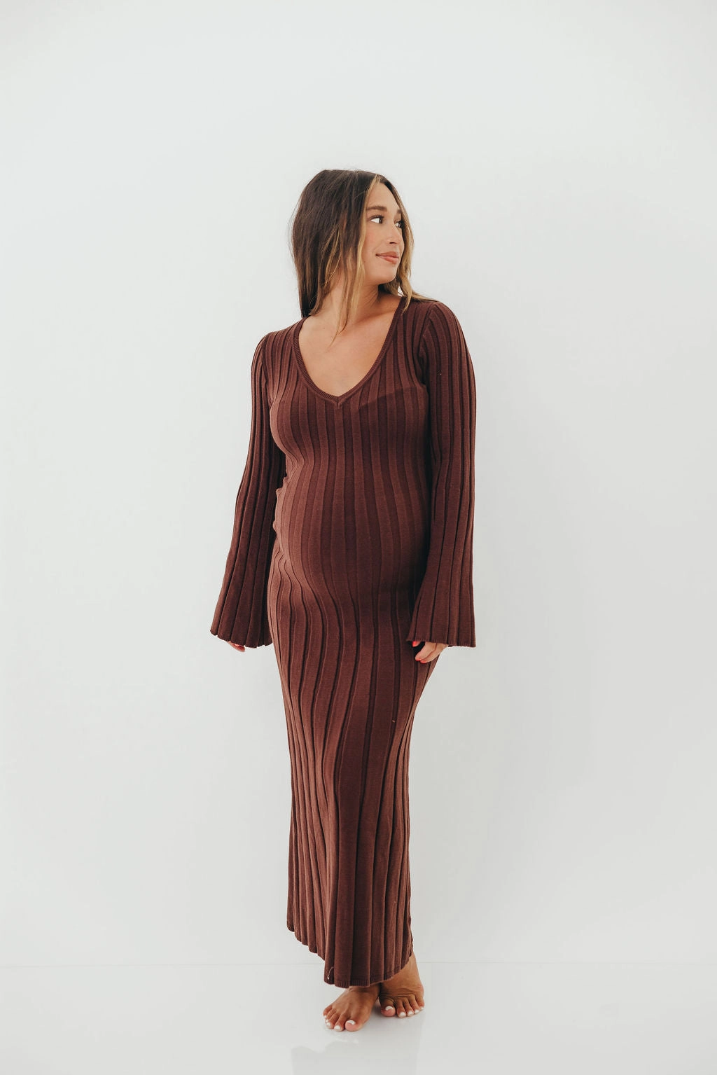 Hearth V-Neck Maxi Dress in Brown - Bump Friendly Mood Comfort