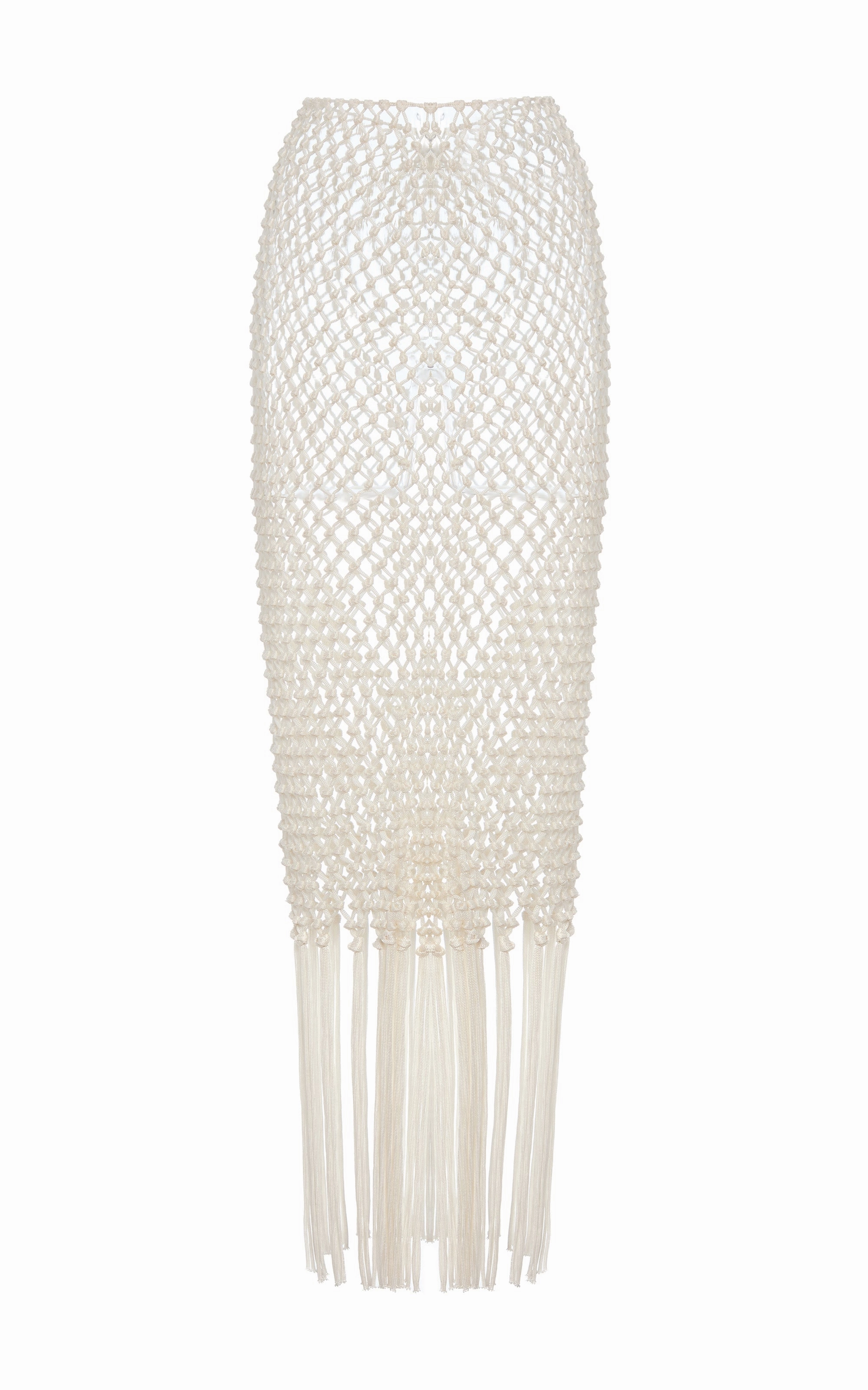 Zana Fringe Macrame Maxi Skirt in Ivory Silk Relaxed Comforted