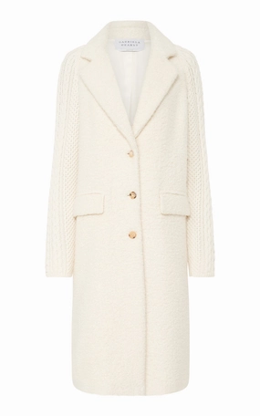 Charles Coat in Ivory Recycled Cashmere Boucle with Cable-knit Sleeves InterchangeablePanels Snag Free Surface