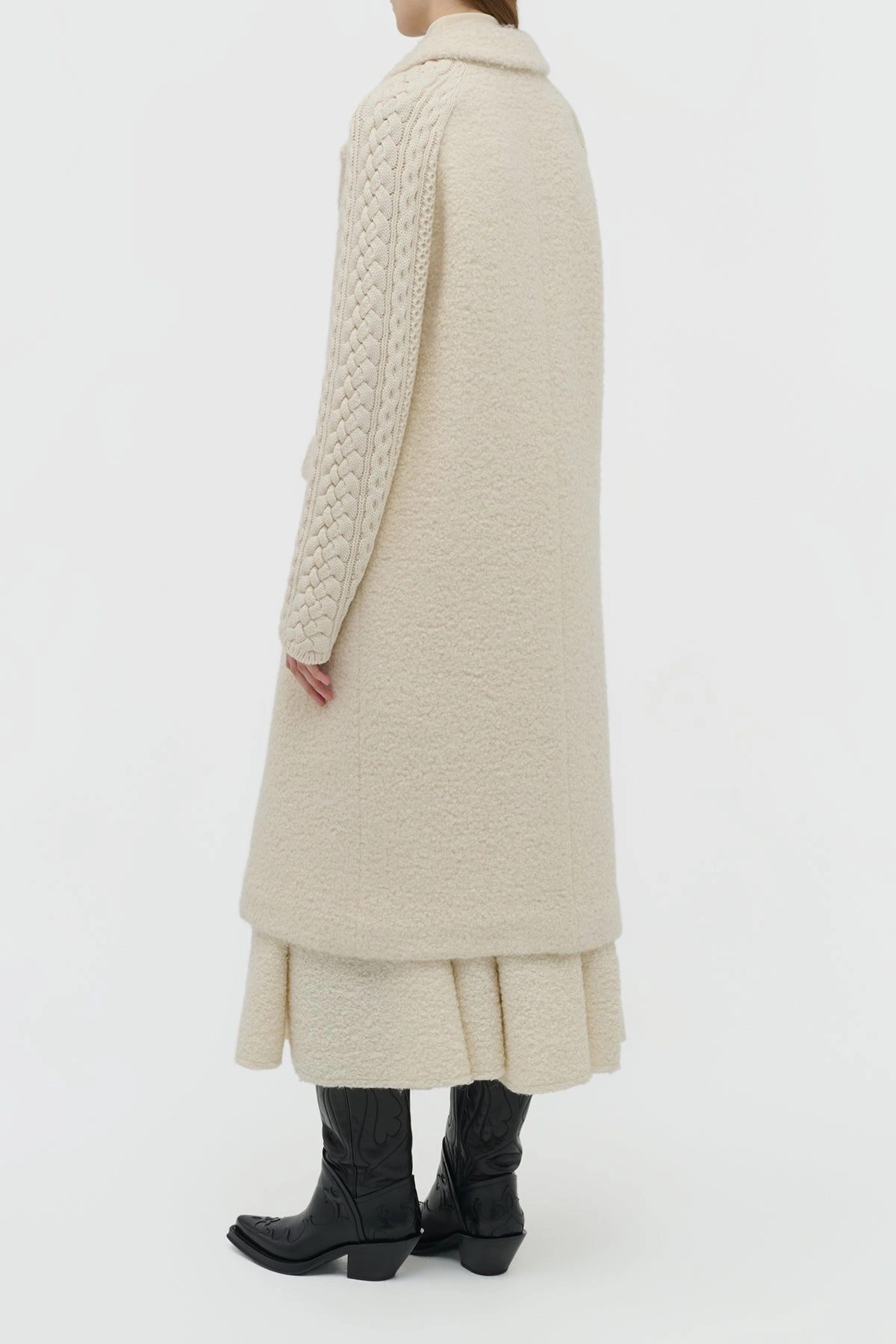 Charles Coat in Ivory Recycled Cashmere Boucle with Cable-knit Sleeves Soft Interior Coating Ergonomic Tailoring