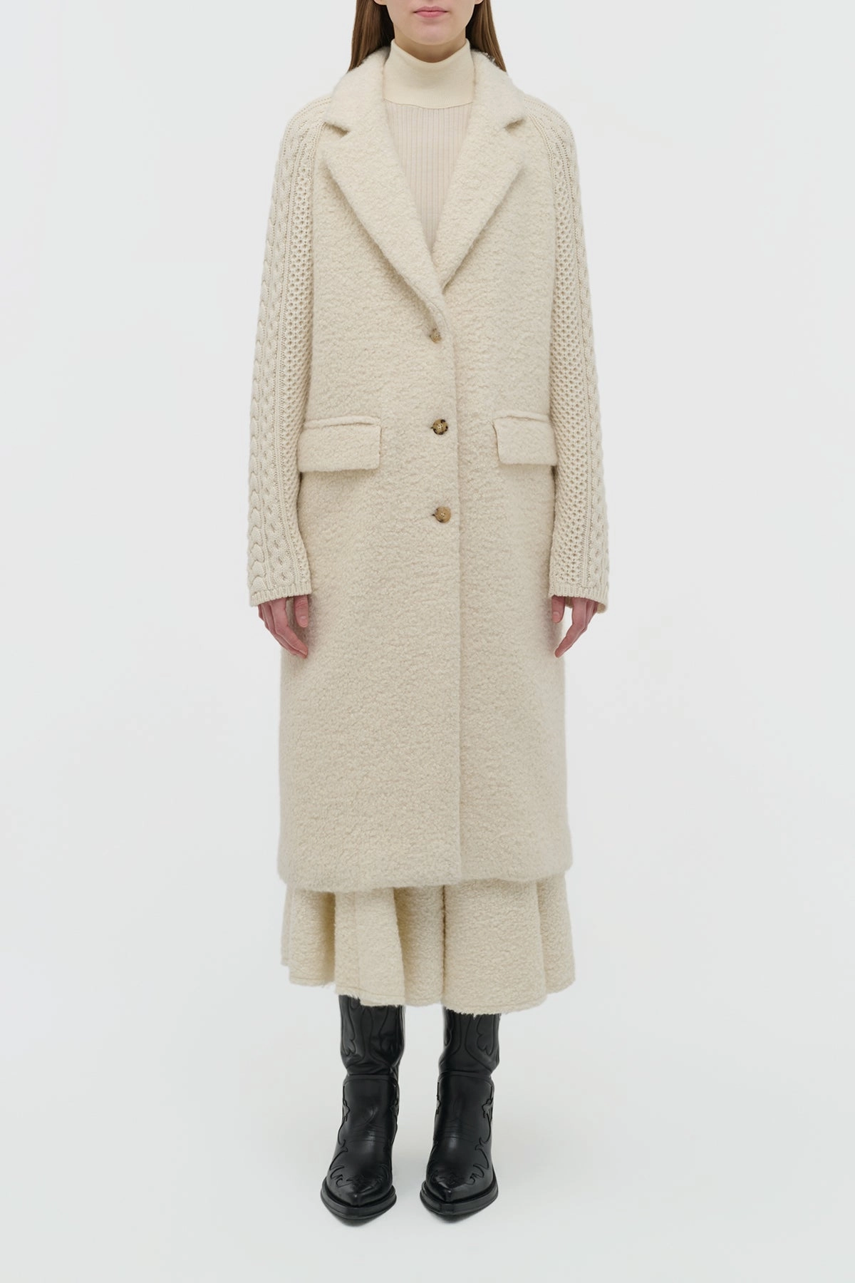 Charles Coat in Ivory Recycled Cashmere Boucle with Cable-knit Sleeves Airflow Ventilation System