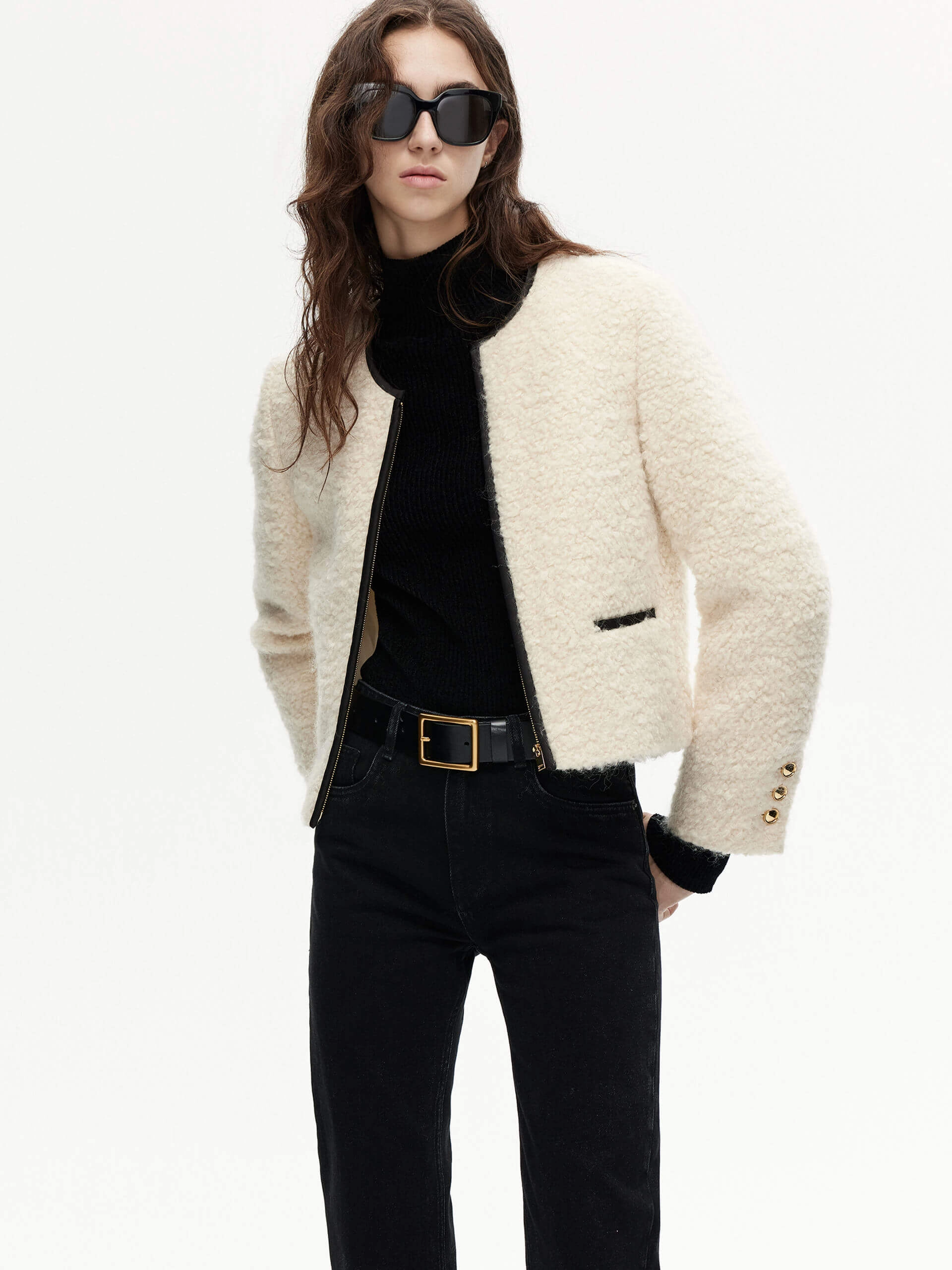 Bonded Zippers Boucle Textured Cropped Jacket