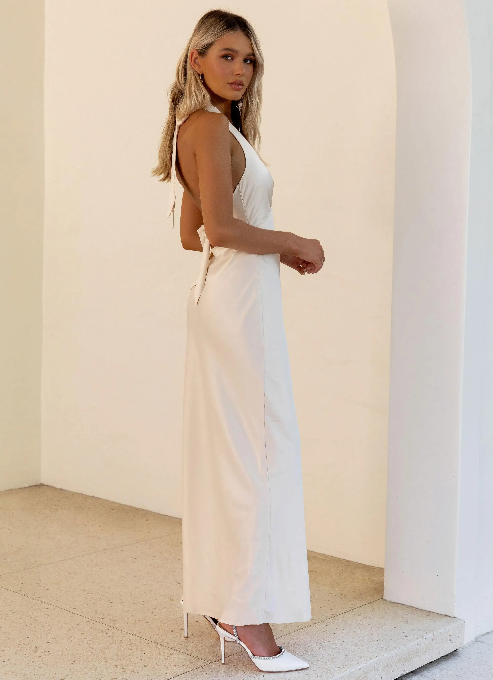 Heavy Hearted Satin Maxi Dress - Pearl Calm Grace