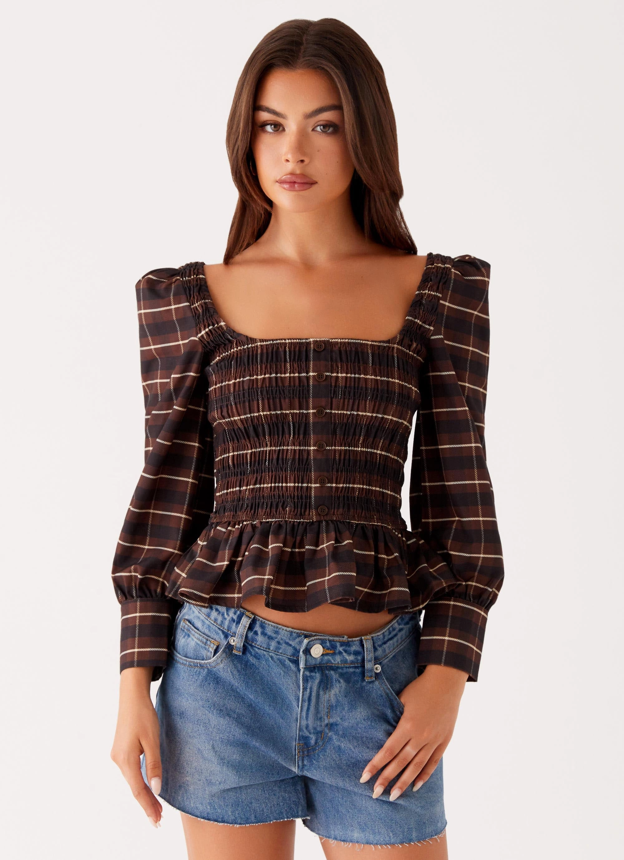 Joyce Long Sleeve Shirred Top - Chocolate Check Benefit - maximizing