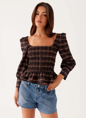 Joyce Long Sleeve Shirred Top - Chocolate Check Flexible Armhole Design Soft Inner Lining