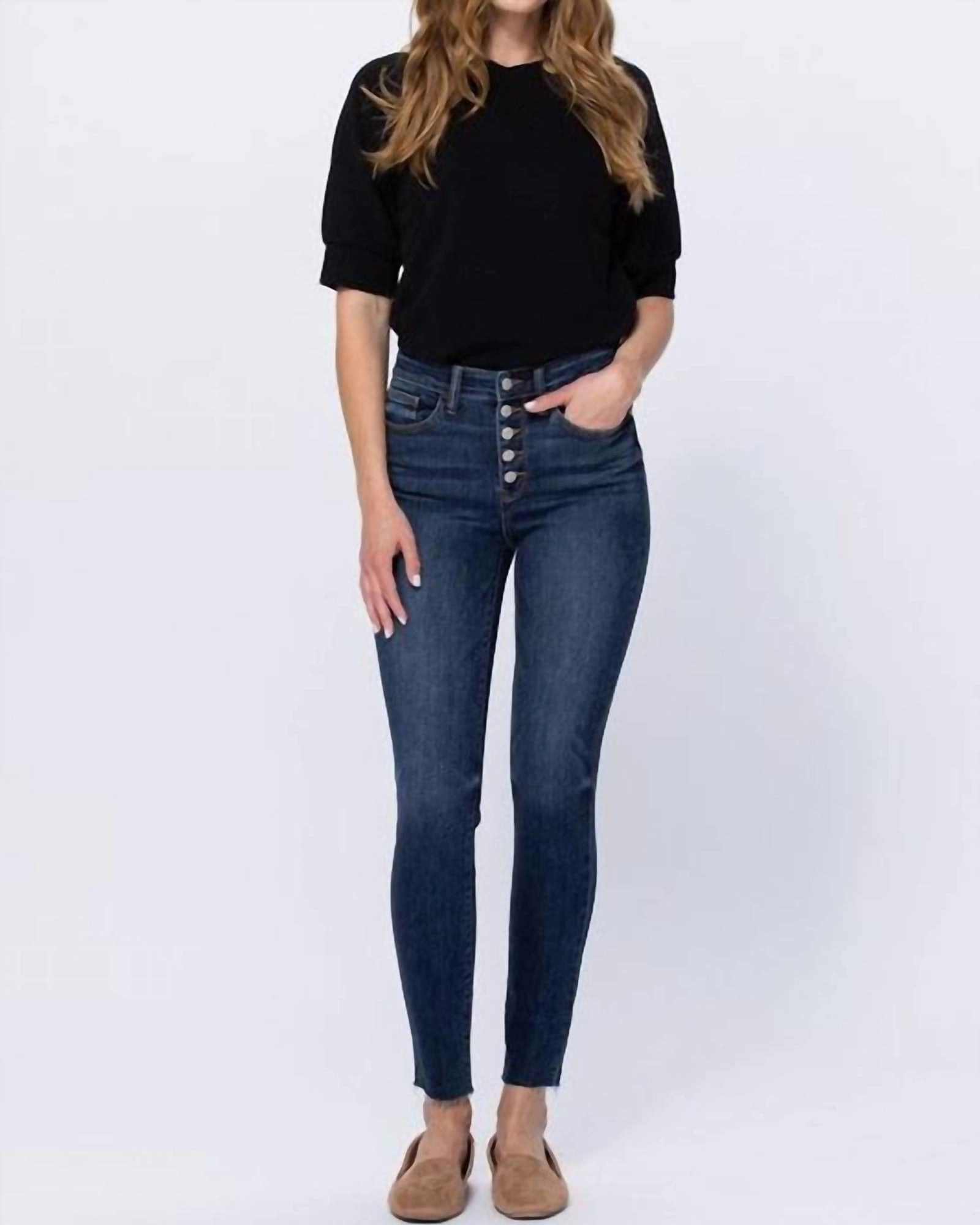High Rise Button Fly Jeans In Dark Wash | Dark Wash Go-To Basic