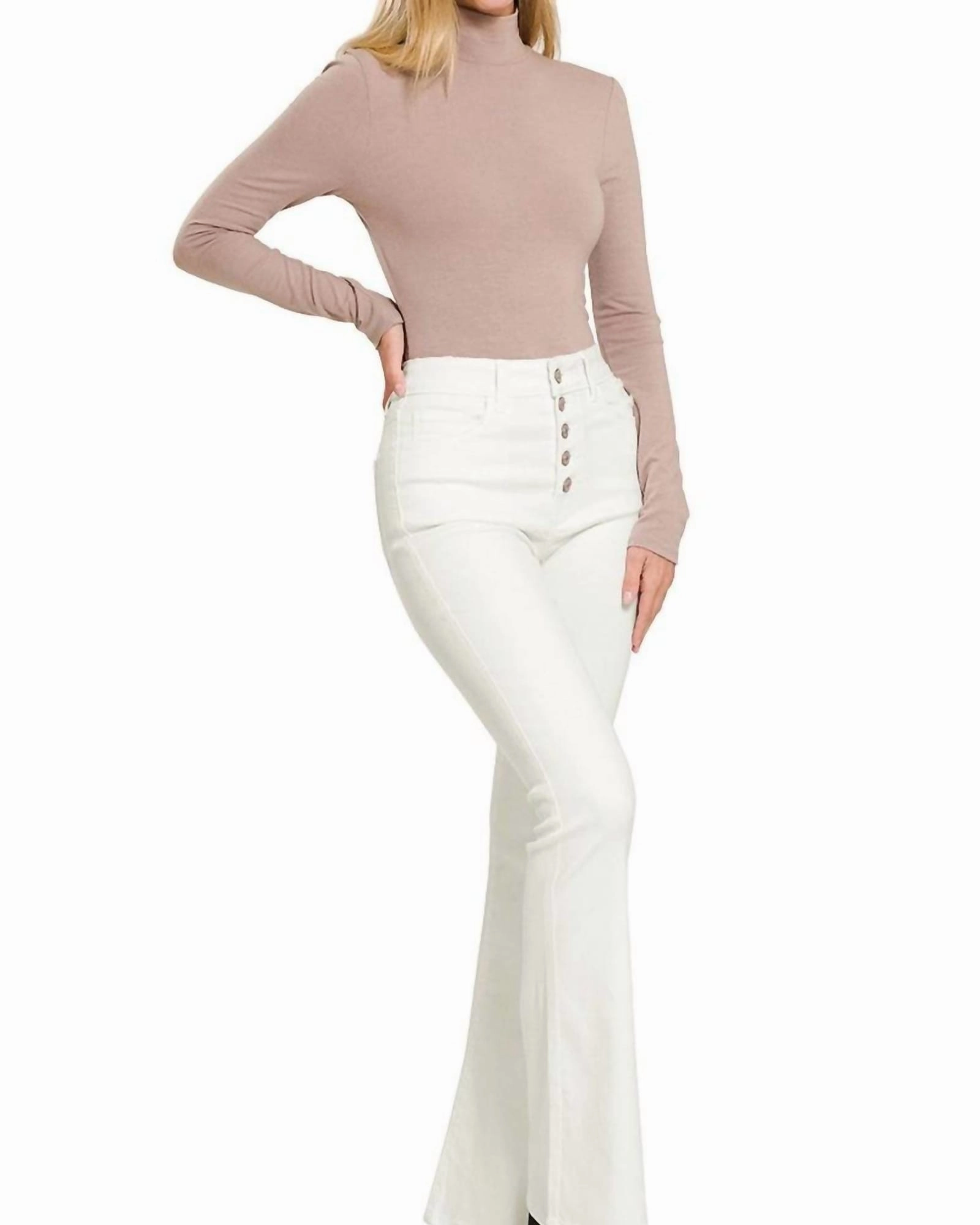 High Rise Flare Jeans With Button Fly in White | White Urban Style