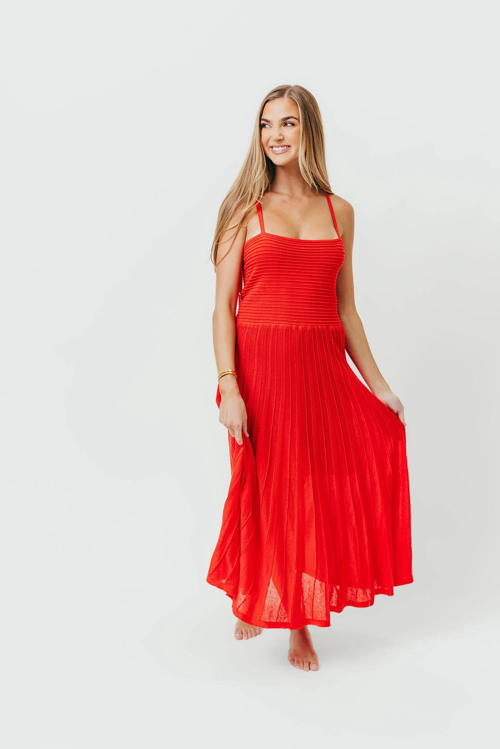 Elegant Waist Fit Holly Mixed Media Midi Dress in Poppy *Final-Sale*