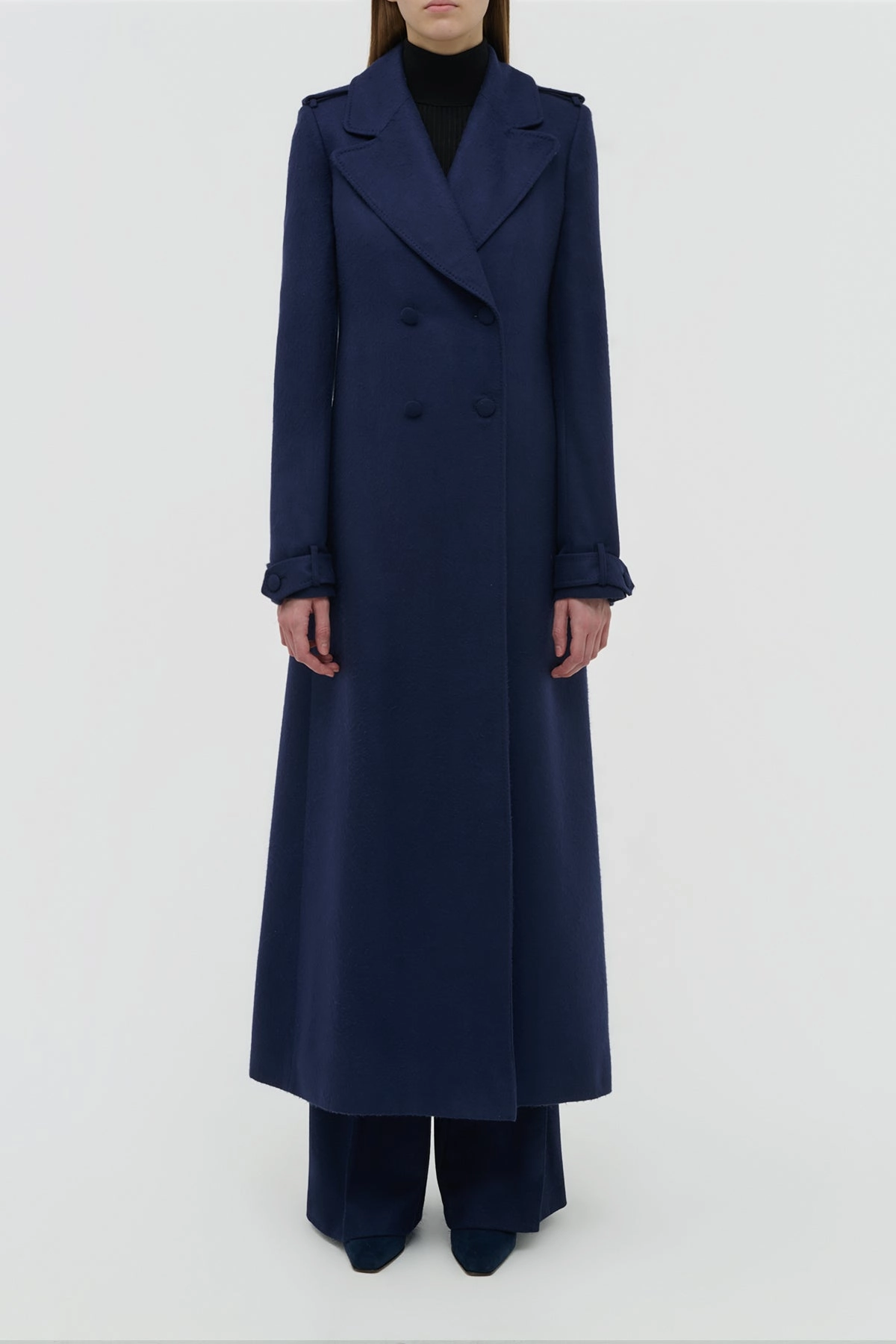 Advanced Wickability System Modern Drop Tail Hem Houstt Trench Coat in Navy Winter Silk
