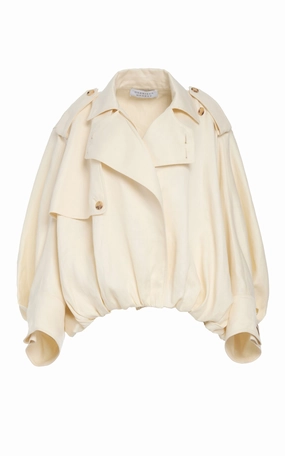 Hunt Oversized Trench Jacket in Ivory Textured Linen snap closure Layered Collar Design
