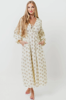 Hunter 100% Cotton Gauze Maxi Dress with Detail Trimming in Cream Taupe Floral - Bump Friendly and Inclusive Sizing WrinkleResistantFinish Vibrant Form