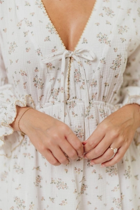 Timeless Waist Fit Work Friendly Hunter 100% Cotton Gauze Maxi Dress with Detail Trimming in Ivory Pink Floral - Bump Friendly and Inclusive Sizing