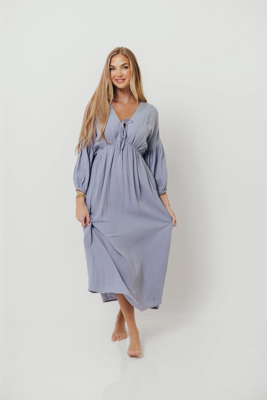 Street Flex Hunter 100% Cotton Gauze Midi Dress in Blue - Bump Friendly