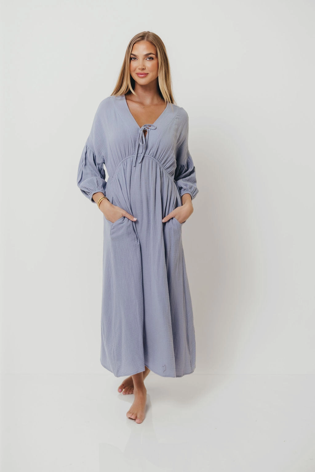 Hunter 100% Cotton Gauze Midi Dress in Blue - Bump Friendly Timeless Fit Look