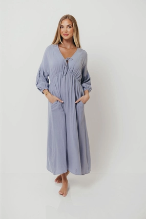 Hunter 100% Cotton Gauze Midi Dress in Blue - Bump Friendly Timeless Fit Look