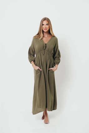 London Edge Hunter 100% Cotton Gauze Midi Dress in Green - Bump Friendly
