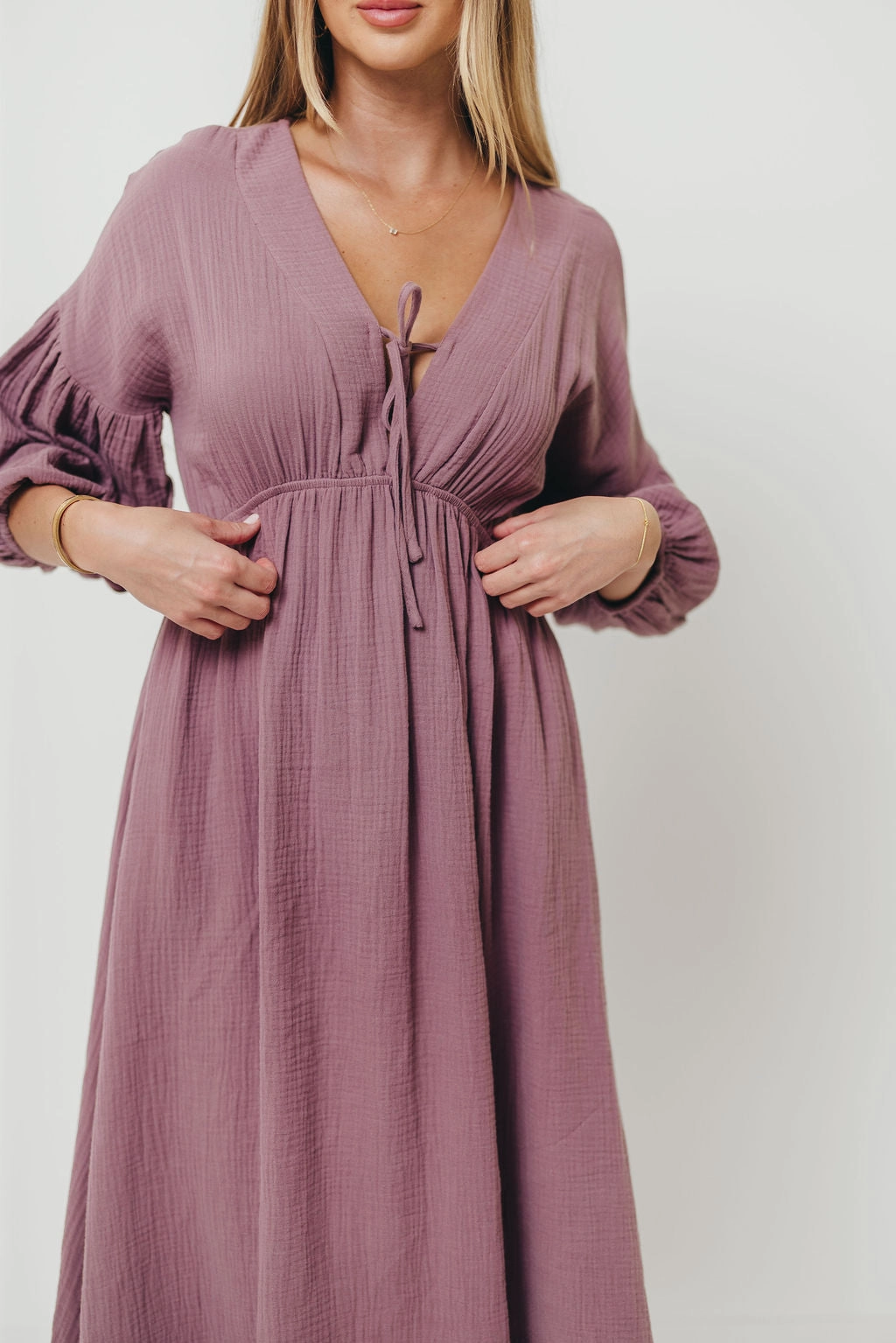 Hunter 100% Cotton Gauze Midi Dress in Smoky Plum - Bump Friendly Day-To-Night Wear
