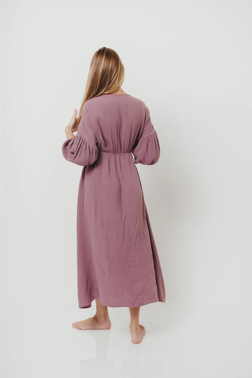 Hunter 100% Cotton Gauze Midi Dress in Smoky Plum - Bump Friendly Effortless Touch Stylish day dress