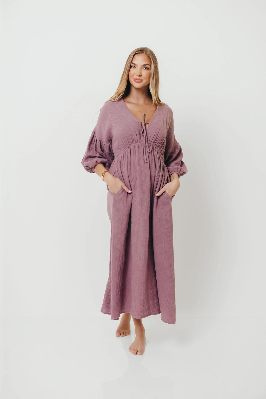 Easy Going Hunter 100% Cotton Gauze Midi Dress in Smoky Plum - Bump Friendly