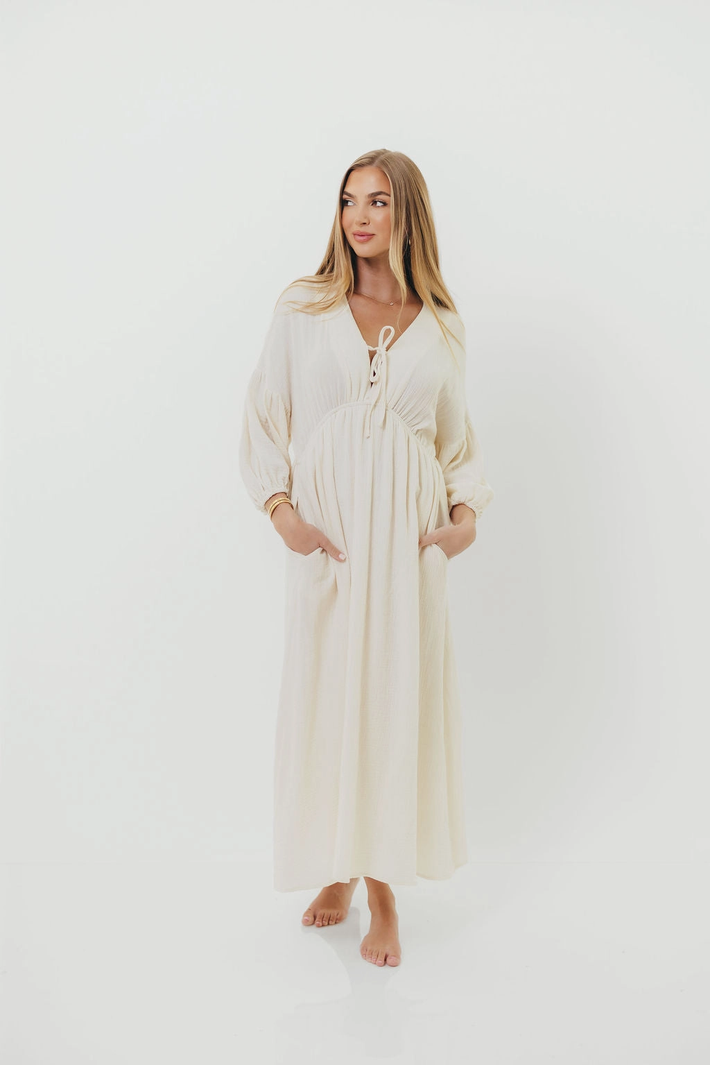 Hunter 100% Cotton Gauze Midi Dress in Soy - Bump Friendly *9/22 PRE-ORDER* Sophisticated Waist