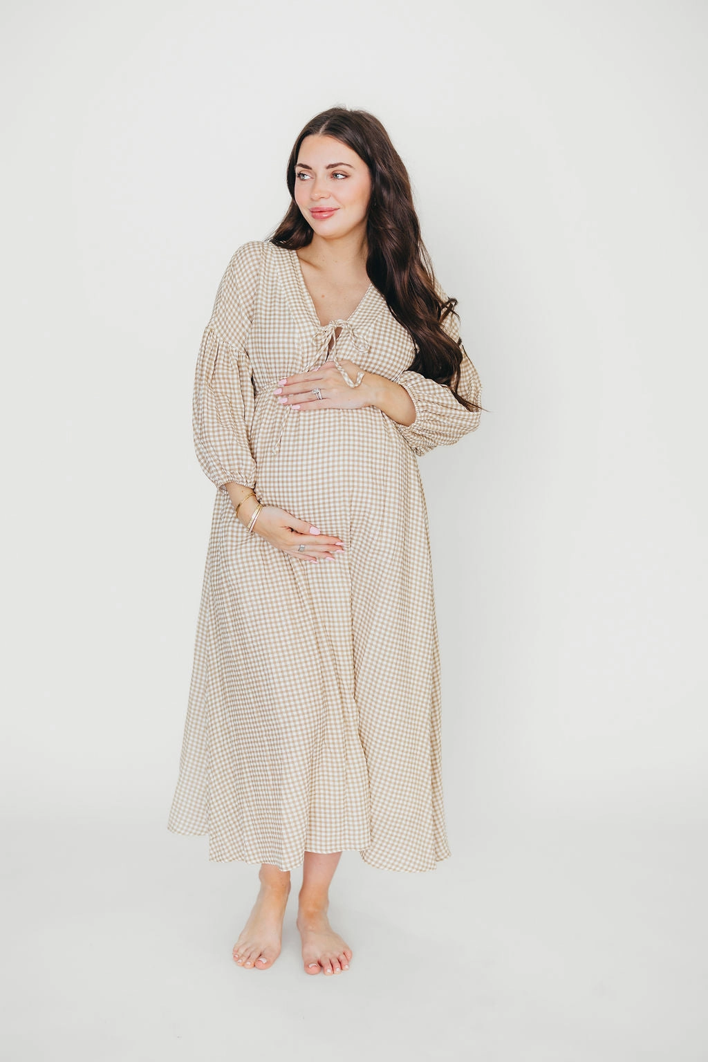 Comfort Layer Dainty Finish Hunter Printed Gauze Midi Dress in Natural Plaid - Bump Friendly