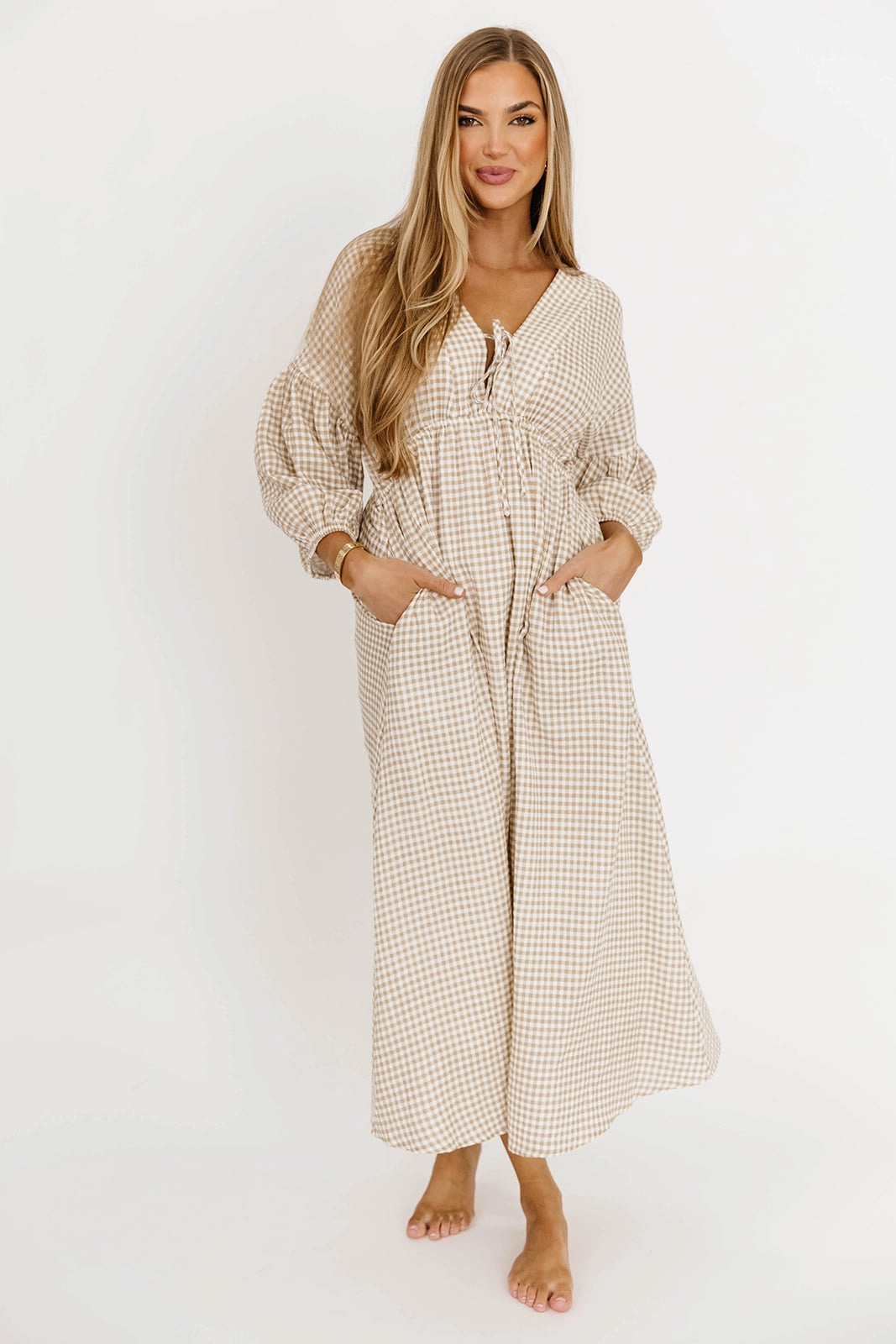 Hunter Printed Gauze Midi Dress in Natural Plaid - Bump Friendly Insulating-Lining Sharp Motion