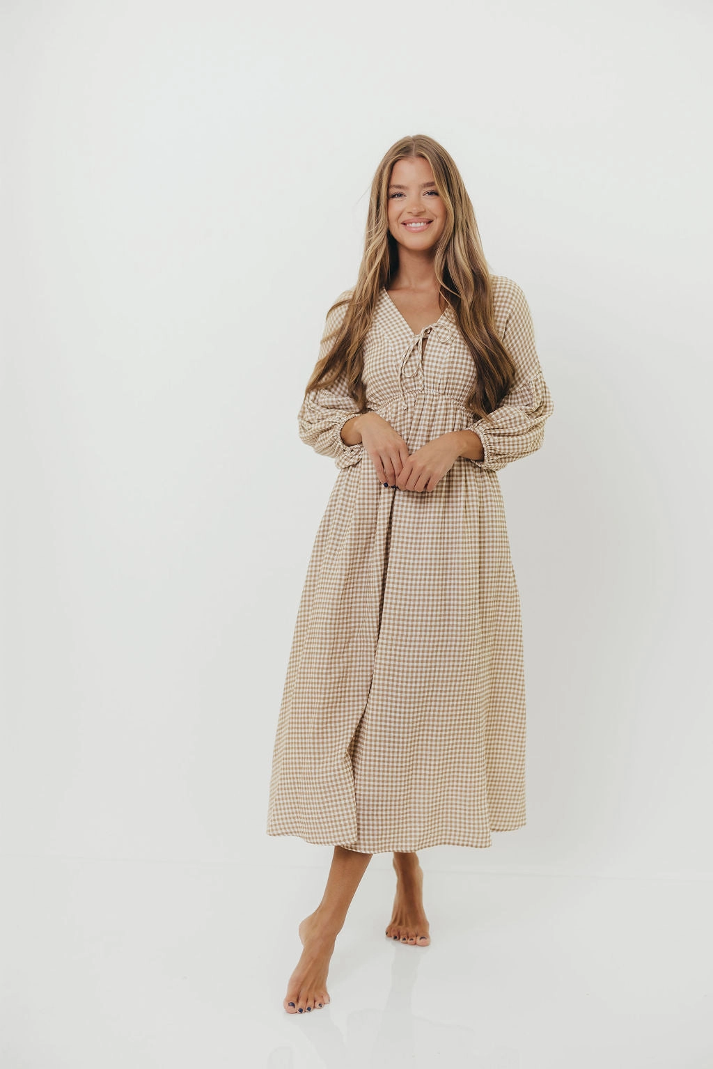 Daywear Mood Hunter Printed Gauze Midi Dress in Natural Plaid - Bump Friendly