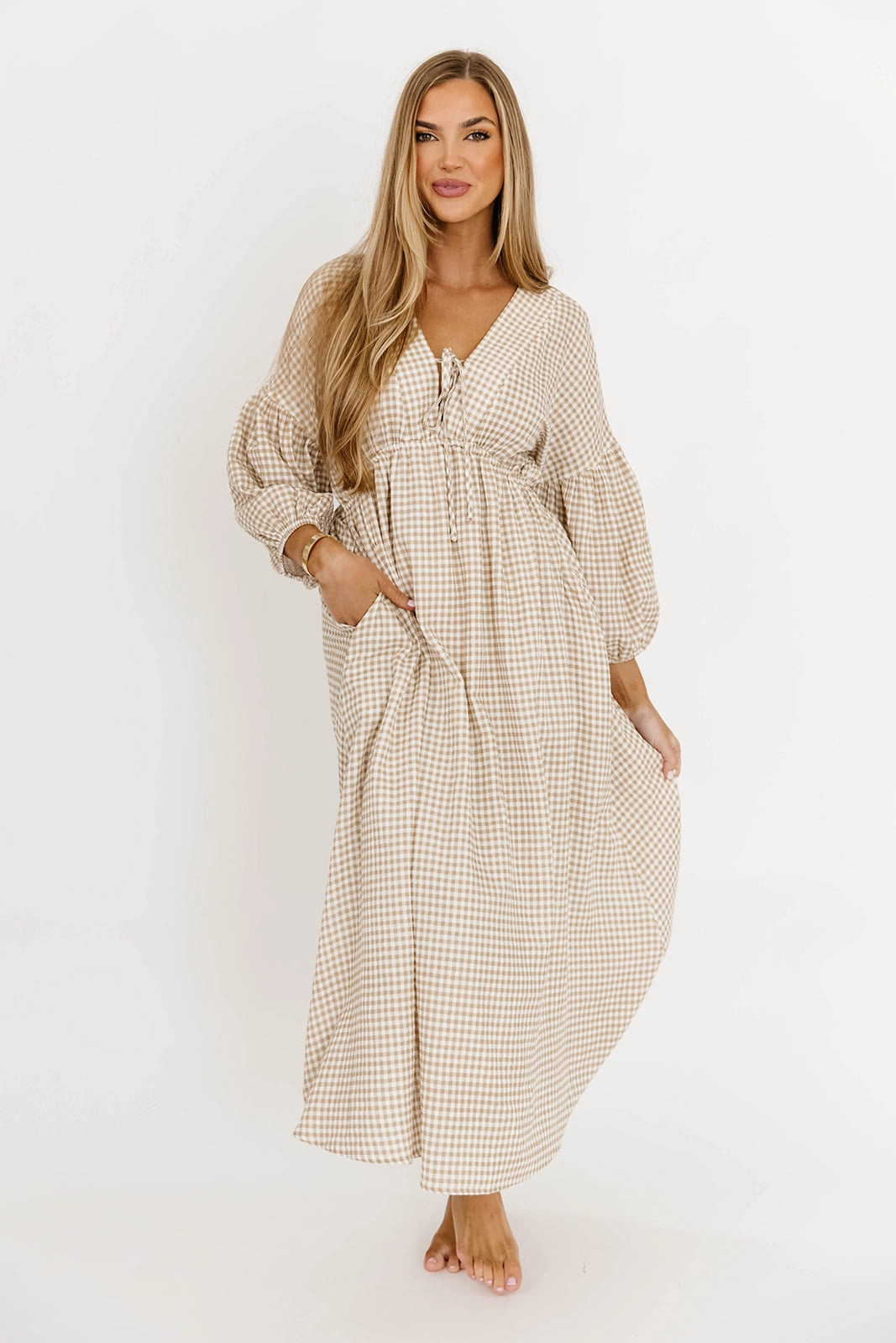 Layered Look Hunter Printed Gauze Midi Dress in Natural Plaid - Bump Friendly