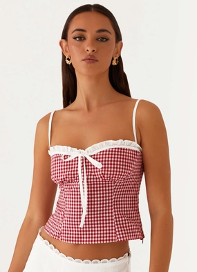 Aesthetic - pleasing Adjustable Hem Palmer Ruffle Bustier Top - Red Gingham