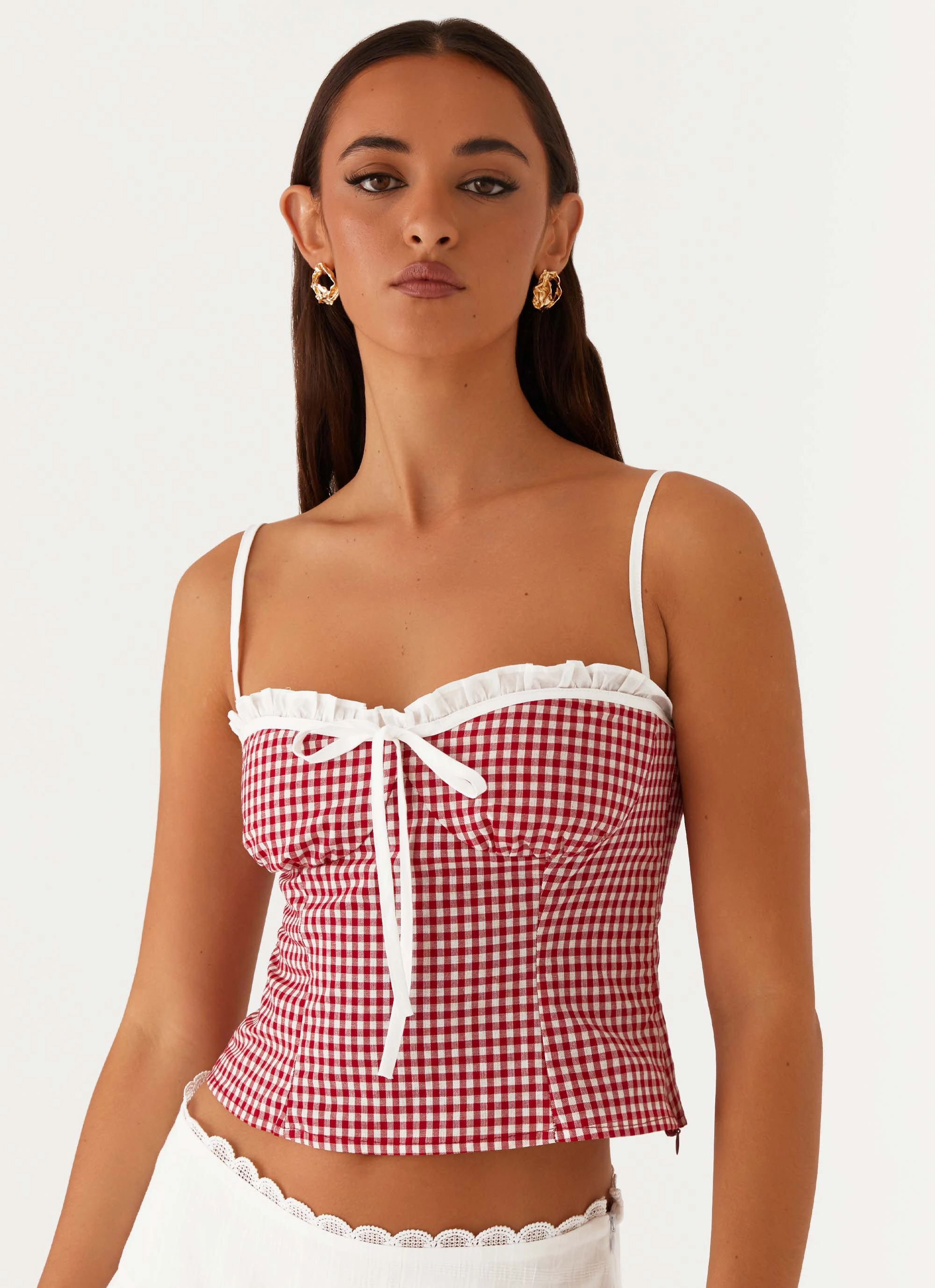 Aesthetic - pleasing Adjustable Hem Palmer Ruffle Bustier Top - Red Gingham