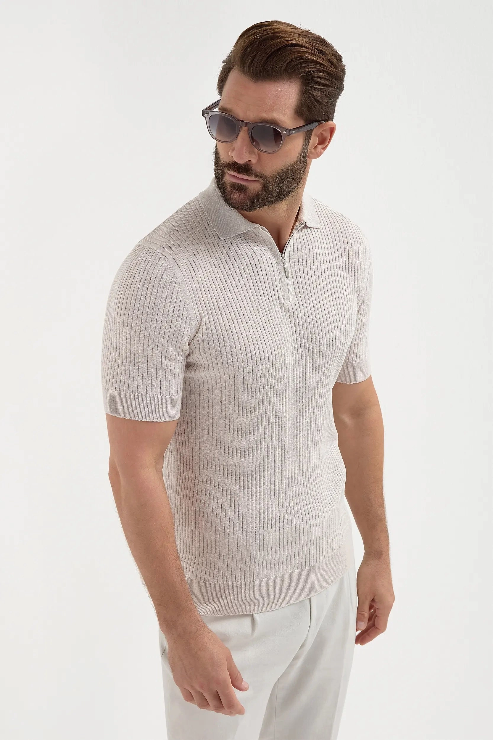 Stone thin rib zipped polo - Made in Italy LowImpact Processing Loop Back Finish