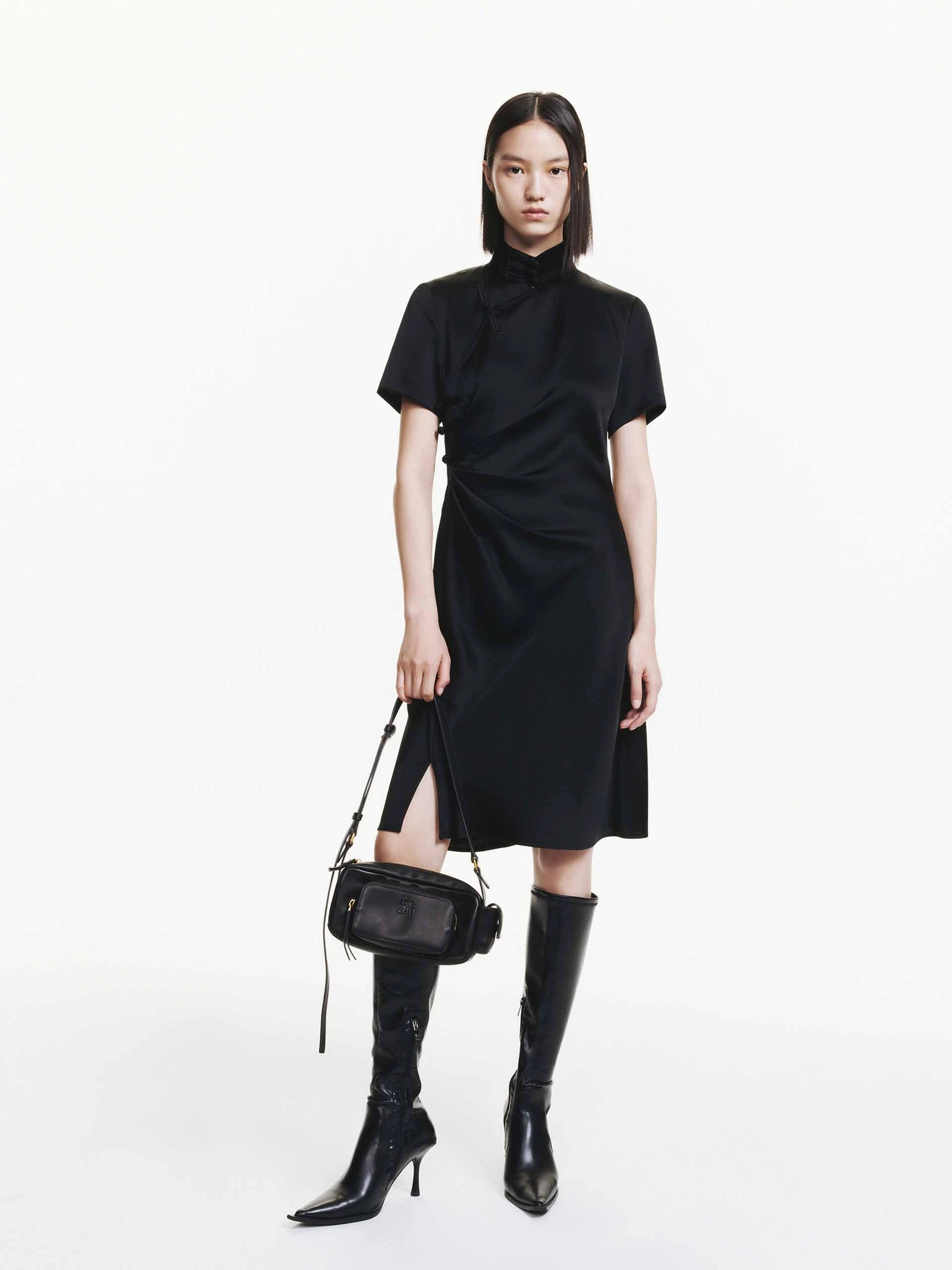 Button Accent Modern Waist Side Pleated Satin Dress