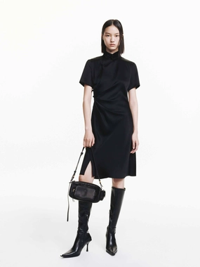 Button Accent Modern Waist Side Pleated Satin Dress