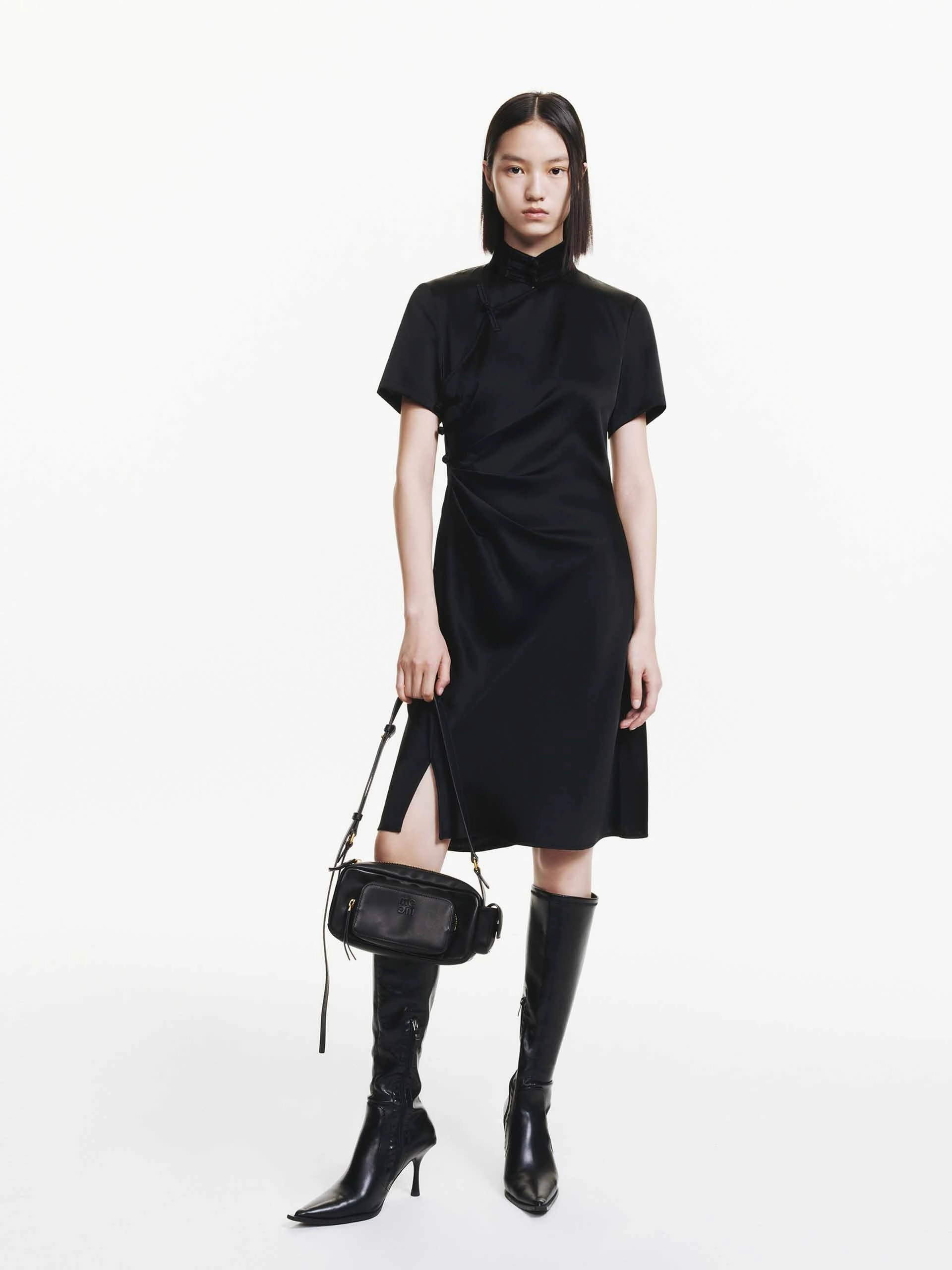 Feminine Structure Side Pleated Satin Dress